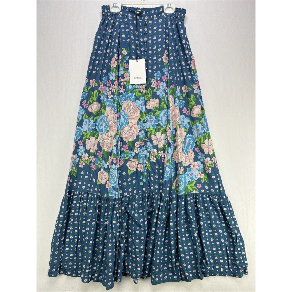 NWT Spell Womens Yellow Rose Maxi Skirt-Cornflower Front Slit Blue Size Small